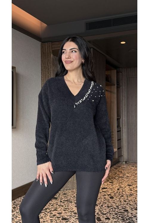 Kadın V Yaka Uzun Kollu Inci Detay Triko Bluz