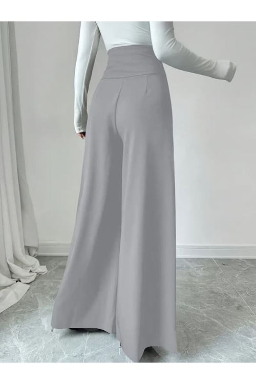 Kadın Yüksek Bel Düğmeli Geniş Paçalı Ithal Krep Pantolon