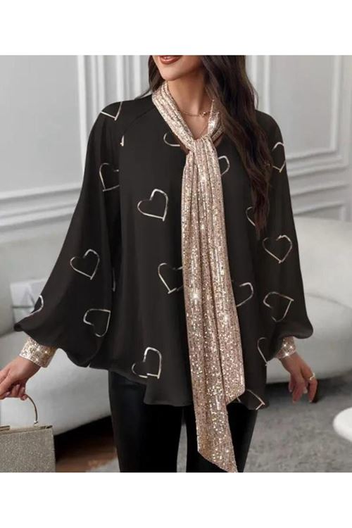 Kadın V Yaka Kalp Baskılı Fular Dahil Fırsat ürün Salaş Bluz