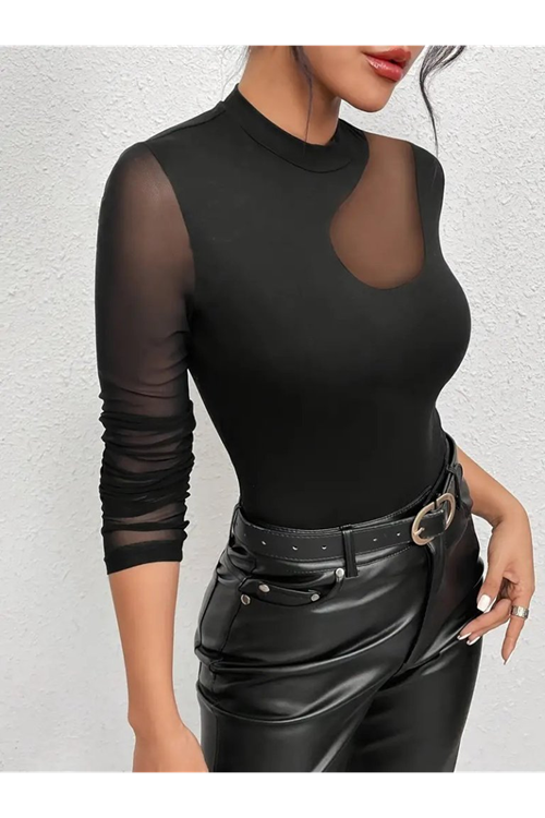 Kadın Uzun Kollu Yarı Balıkçı Yaka Kolları Tüllü Dalgıç Bluz