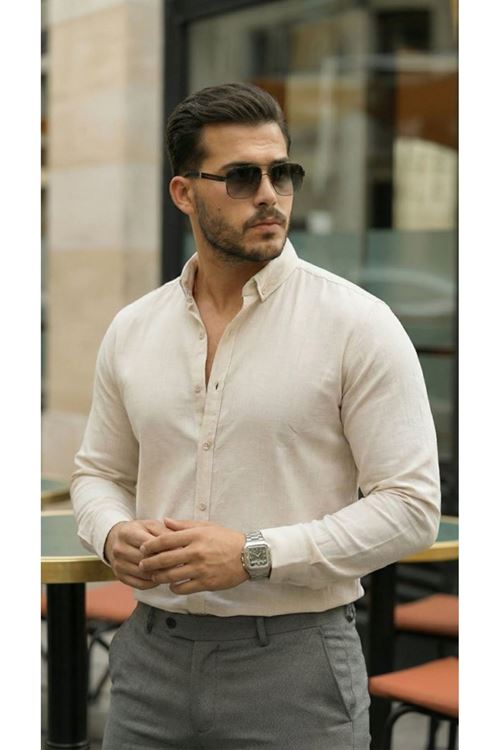 Erkek Uzun Kollu Rahat Keten Gömlek