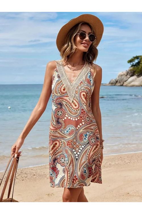 Kadın Kısa Kollu Dantel V Yakalı Desenli Süprem Elbise