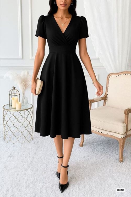 Kadın Kruvaze Yaka Kısa Kollu Midi Boy Krep Kumaş Elbise