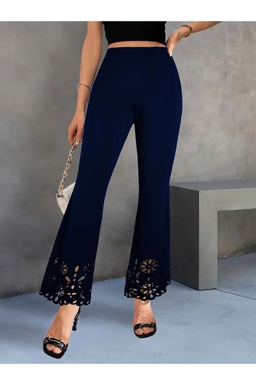 Kadın Yüksek Bel Paçaya Doğru Genişleyen Lazer çiçek Kesim Detaylı Ithal Krep Pantolon