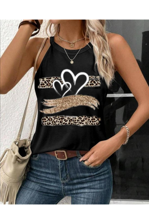 Kadın Sıfır Kol Halter Yaka Kalp Baskılı Viskon Bluz