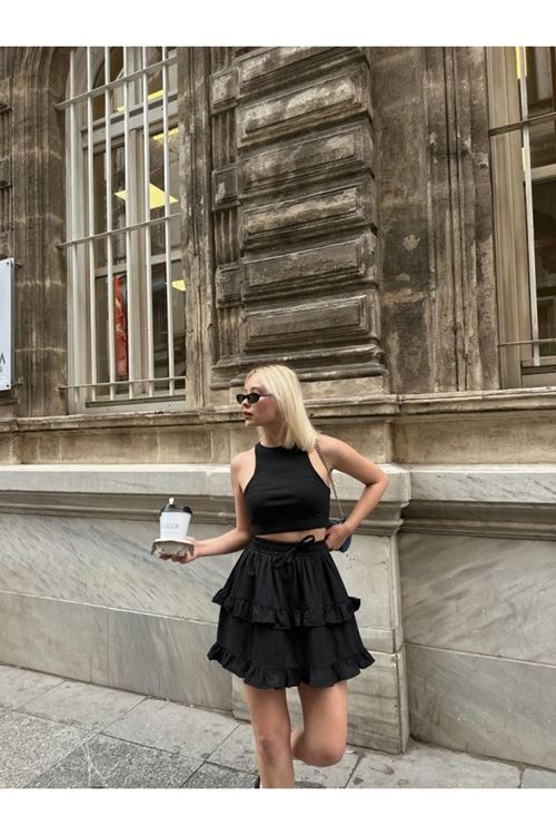 BEL LASTİKLİ KAT FIRFIR DETAYLI KISA ETEK - Siyah