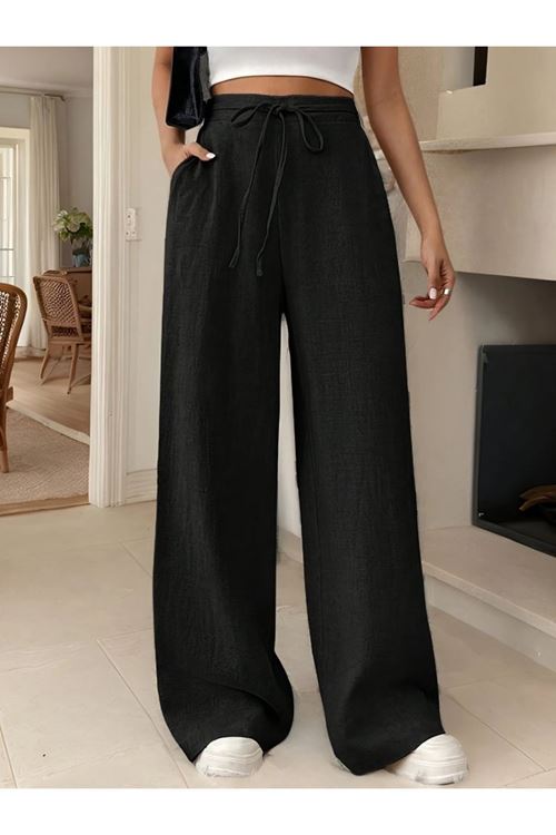 Kadın Yüksek Bel Bağcıklı Geniş Paçalı Uzun Bürümcük Pantolon