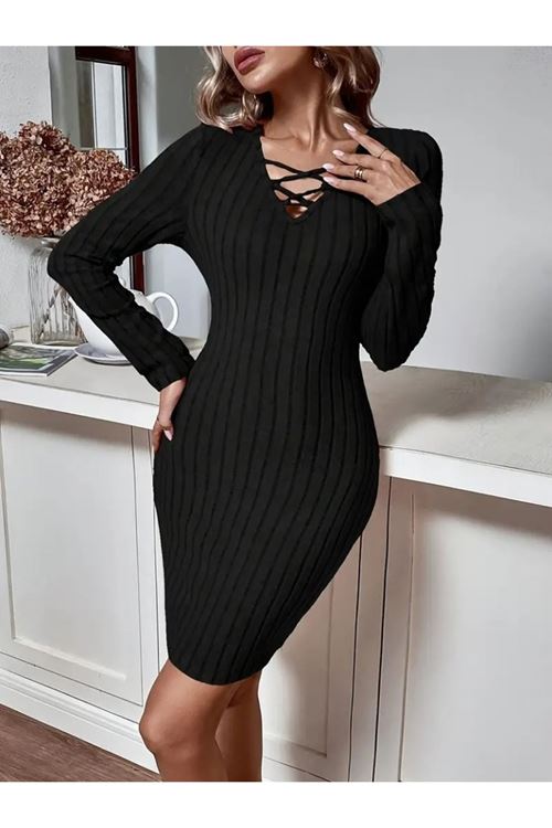 Kadın Uzun Kollu V Yakalı çapraz şerit Detaylı şardonlu Kaşkorse Midi Elbise