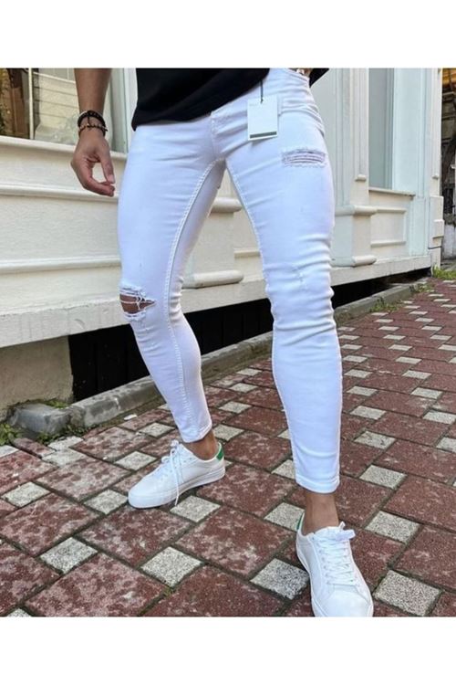 Erkek Beyaz Yırtık Detaylı Skinny Jean