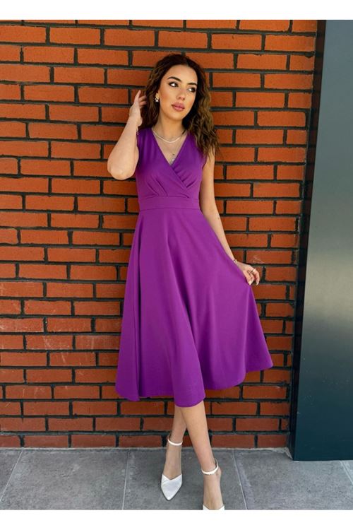 Kadın Ithal Krep Kumaş Kruvaze Yaka Eteği Kloş Kolsuz Midi Elbise