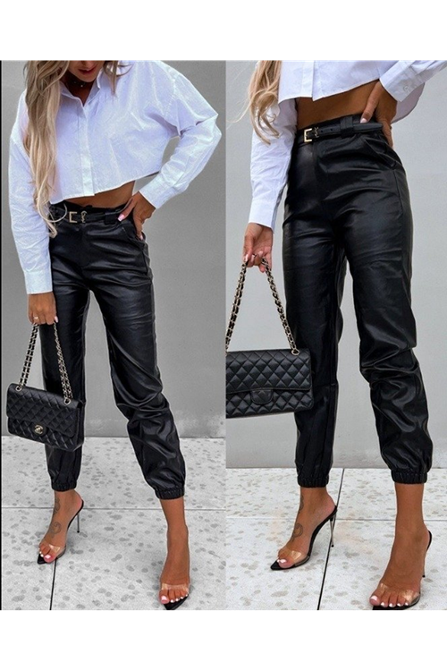 Kadın Pantolon Paçası Lastikli Deri Pantolon (kemersiz)