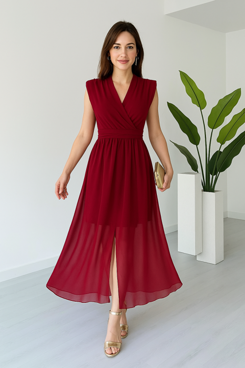 Kadın Vatkalı Şifon Kolsuz Kruvaze Yaka Yırtmaç Detaylı Şık Midi Elbise