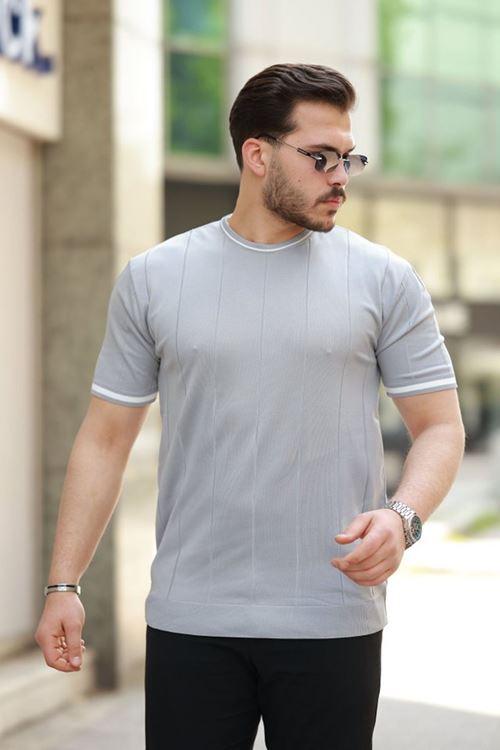 Erkek Bisiklet Yaka çizgi Desenli Ribanalı Kısa Kollu Tshirt