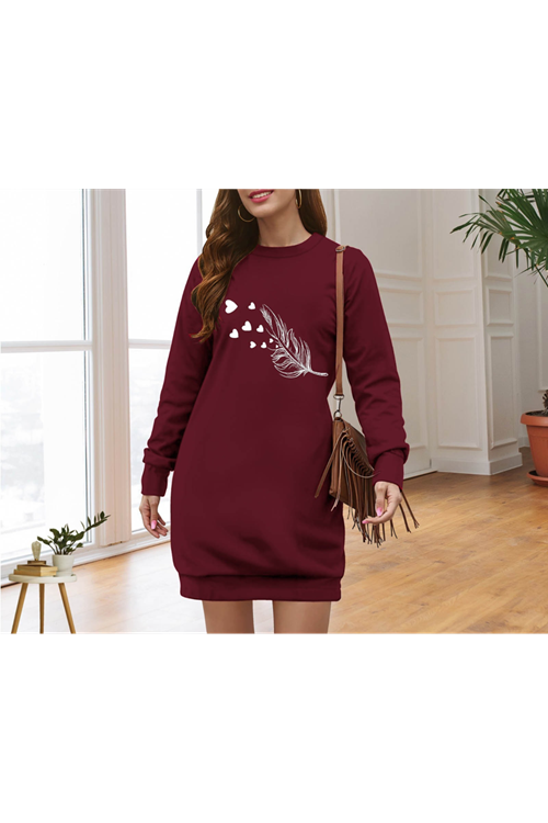 Kadın Uzun Kollu Bisiklet Yaka Desenli Viskon Iki Iplik Elbise