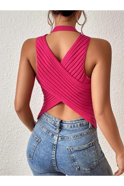 Kadın Sıfır Kol Sırt çapraz Detay Triko Bluz