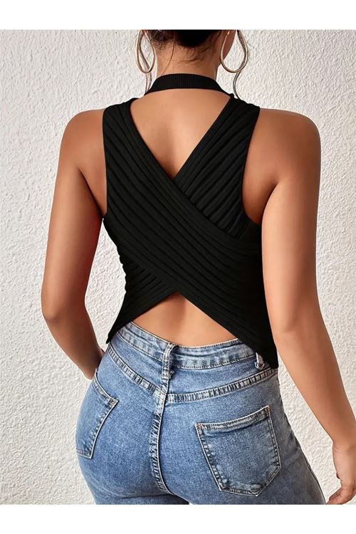 Kadın Kolsuz Sırt çapraz Detay Triko Bluz