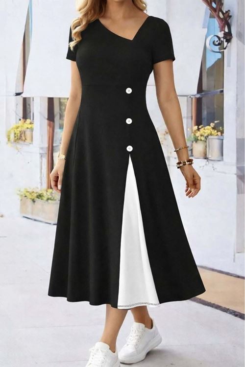 Kadın Kısa Kollu Asimetrik Yakalı Düğme Detaylı Midi Viskon Elbise