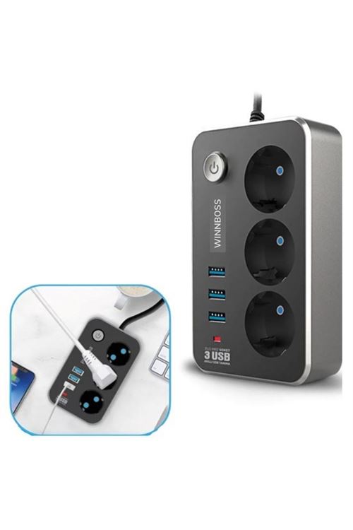 TBL Dekor® Isıya Dayanıklı Termal Akım Korumalı 2 Mt 10A 2500W 3lü Priz ve 3 Usbi 21A Uzatma Kablosu