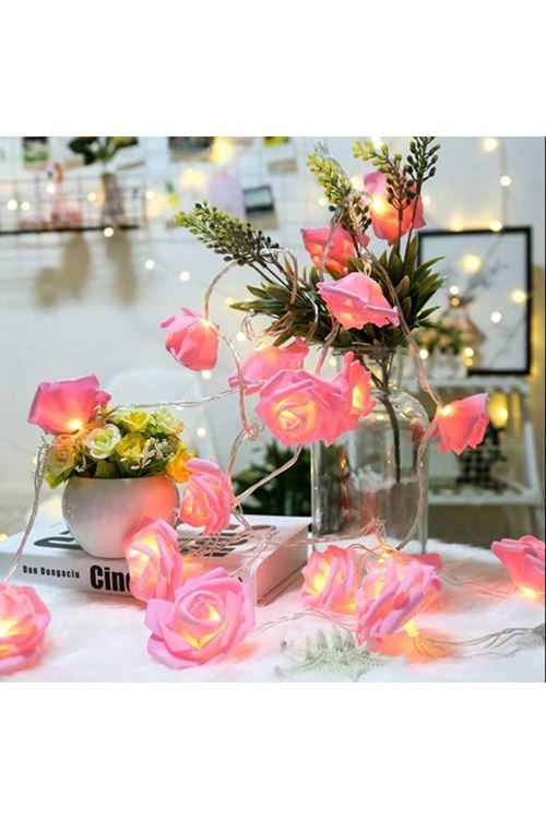 TBL Dekor® Yapay Gül Tasarımlı Dekoratif Led Işık Gül Detaylı Led Işık Pilli (20 Gül)