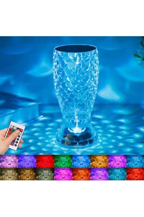 TBL Dekor® Balık Süzgeç Model USB Şarjlı Kumandalı 16Farklı Işık Modlu Masa Üstü Kristal Akrilik Led