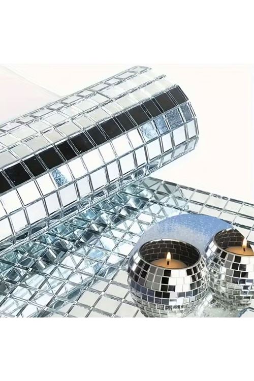 TBL Dekor® Kare Silver Cam Mozaik Fayans Çıkartmaları El İşi Kare Cam Fayans Kendinden Yapışkanlı Aynalı Dekor Panel 30x30 Cm