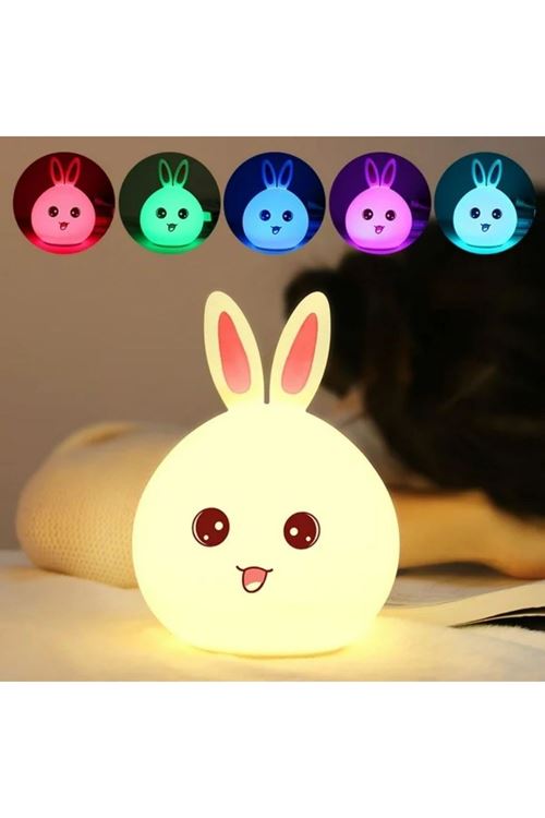 5 Farklı Renk Modlu Tavşan Figürlü Pofuduk LED Gece Lambası–Yumuşak Dokulu Çocuk Odası ve Dekoratif Şarjlı Ortam Işığı