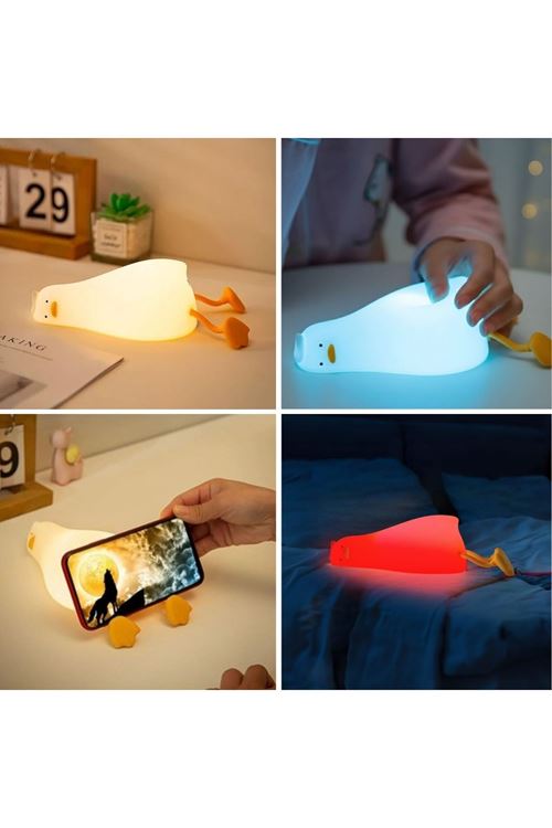 5 Farklı Renk Modlu Tembel Ördek Figürlü Pofuduk LED Gece Lambası–Yumuşak Dokulu Çocuk Odası ve Dekoratif Şarjlı Ortam Işığı