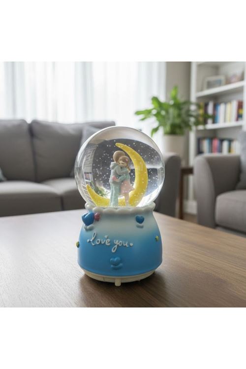 Pilli Işıklı Müzikli Kar Küresi–Hilal Ay Figürlü Romantik Masaüstü Biblo, LED Aydınlatmalı Dekoratif Hediyelik Kar Küresi