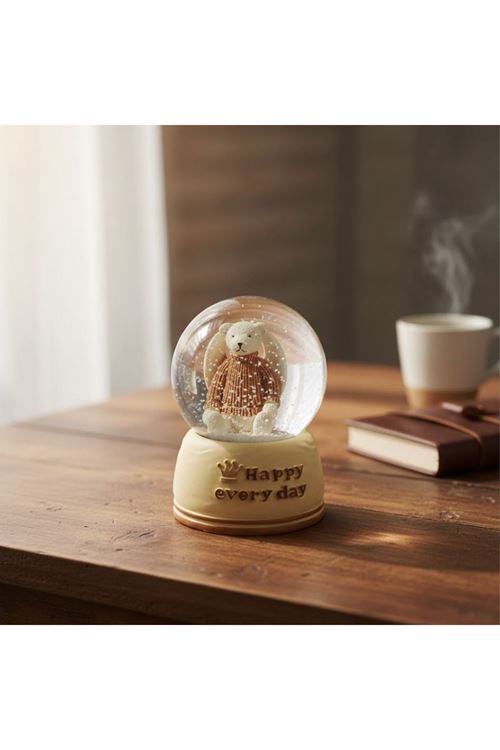 Pilli Işıklı Müzikli Kar Küresi–Sevimli Ayıcık Figürlü Eğlenceli Masaüstü Biblo, LED Aydınlatmalı Dekoratif Hediyelik Kar Küresi