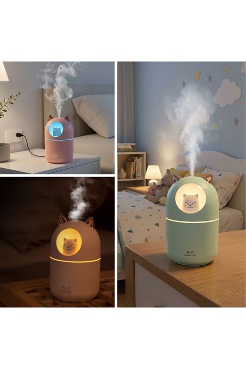 Kedicik Figürlü Hava Nemlendirici – Ultrasonik Soğuk Buhar Makinesi, LED Işıklı Masaüstü Oda Nemlendirici