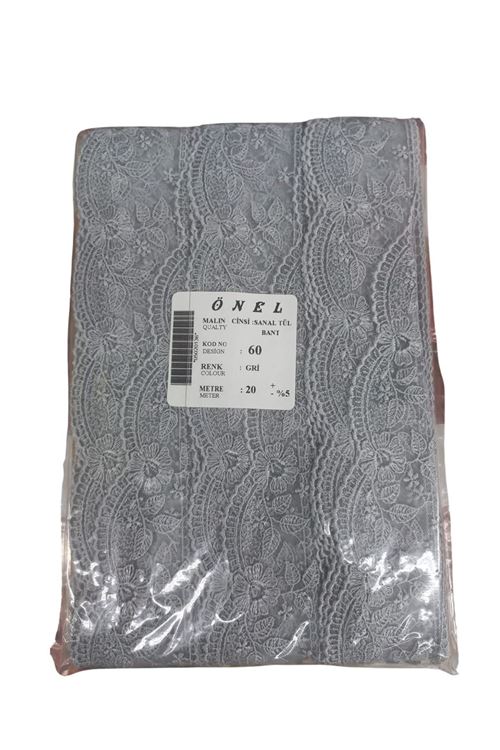 Dantel Polyester Sanal Tül Bant Gri 20 Metre En 6 Cm On-60-g