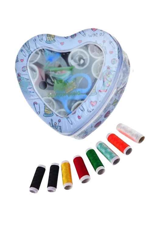 İplik Set Teneke Kutu Kalpli Dikiş Seti