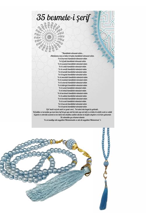 Namaz Tesbihi Vavlı 99'lu Cam İncili 35 Besmele-i Şerif Dua Kartı İle Mavi Renk Hediyelik