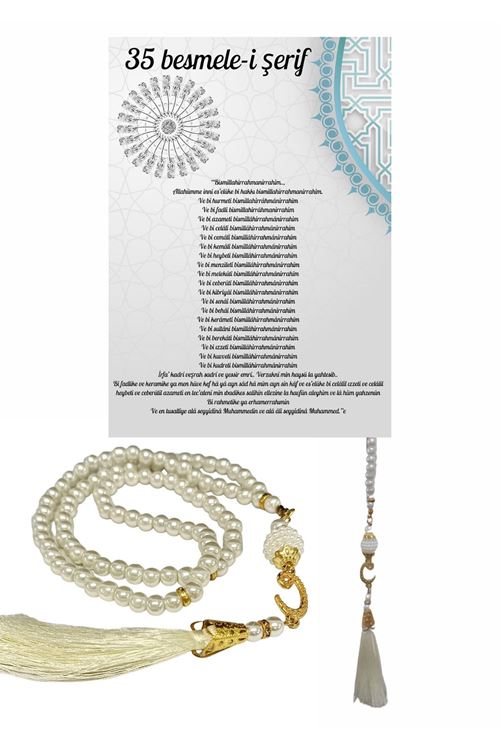 Namaz Tesbihi Vavlı 99'lu Cam İncili 35 Besmele-i Şerif Dua Kartı İle Krem Renk Hediyelik
