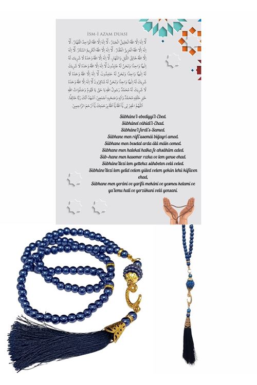 Namaz Tesbihi Vavlı 99'lu Cam İncili İsmi Azam Dua Kartı İle Lacivert Renk Hediyelik