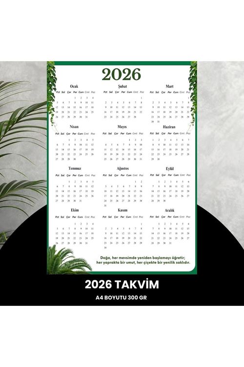 Takvim 2026 Premium A4 300 Gr Dijital Baskı Yeşil Yaprak