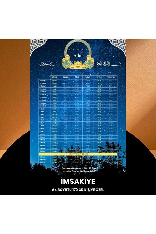 Ramazan İmsakiyesi - 170 Gr - A4 Boyut Kişiye Özel İsimli & Logolu 100 Adet Gökyüzü