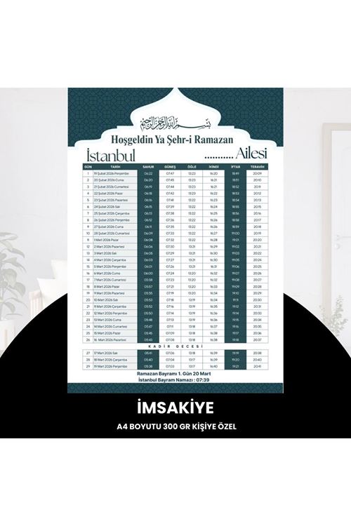 Ramazan İmsakiyesi - 300 Gr - A4 Boyut Kişiye Özel İsimli & Logolu 1 Adet Yeşil