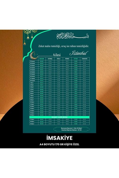 Ramazan İmsakiyesi - 170 Gr - A4 Boyut Kişiye Özel İsimli & Logolu 100 Adet Yeşil-turkuaz