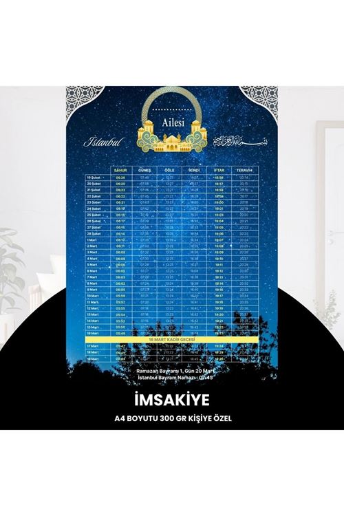 Ramazan İmsakiyesi - 300 Gr - A4 Boyut Kişiye Özel İsimli & Logolu 10 Adet Gökyüzü