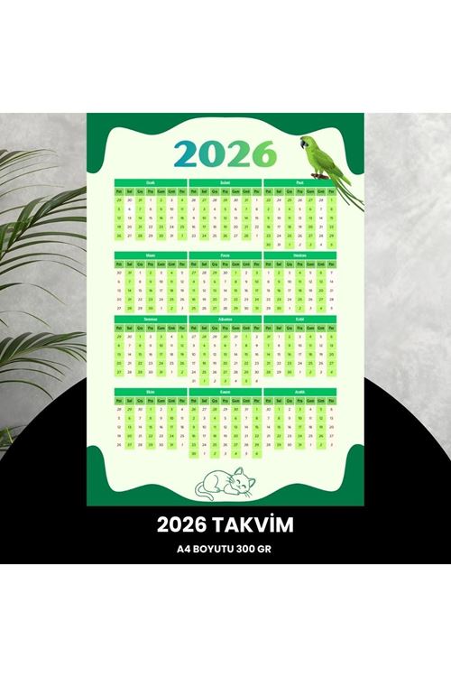 Takvim 2026 Premium A4 300 Gr Dijital Baskı Yeşil-beyaz