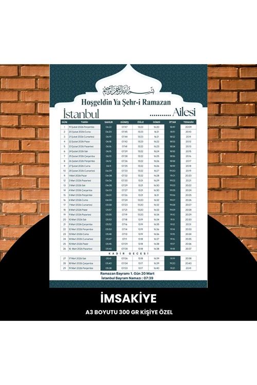Ramazan İmsakiyesi - 300 Gr - A3 Boyut Kişiye Özel İsimli & Logolu 1 Adet Yeşil