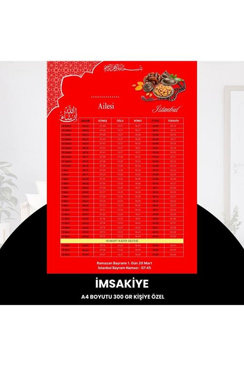 Ramazan İmsakiyesi - 300 Gr - A4 Boyut Kişiye Özel İsimli & Logolu 1 Adet Kırmızı