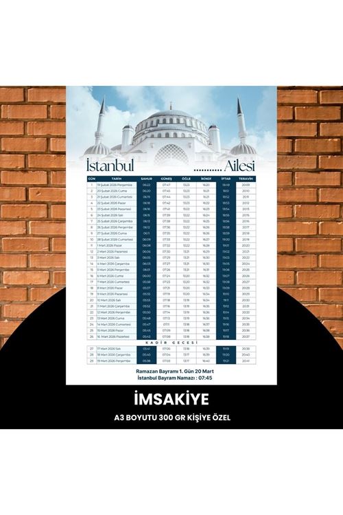 Ramazan İmsakiyesi - 300 Gr - A3 Boyut Kişiye Özel İsimli & Logolu 1 Adet Mavi
