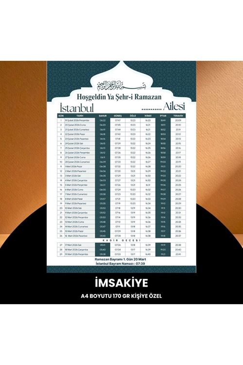 Ramazan İmsakiyesi - 170 Gr - A4 Boyut Kişiye Özel İsimli & Logolu 100 Adet Yeşil
