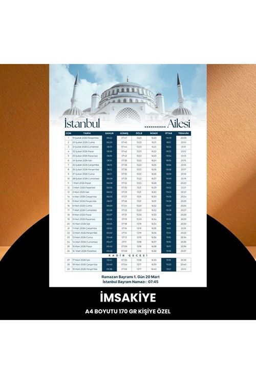 Ramazan İmsakiyesi - 170 Gr - A4 Boyut Kişiye Özel İsimli & Logolu 100 Adet Mavi