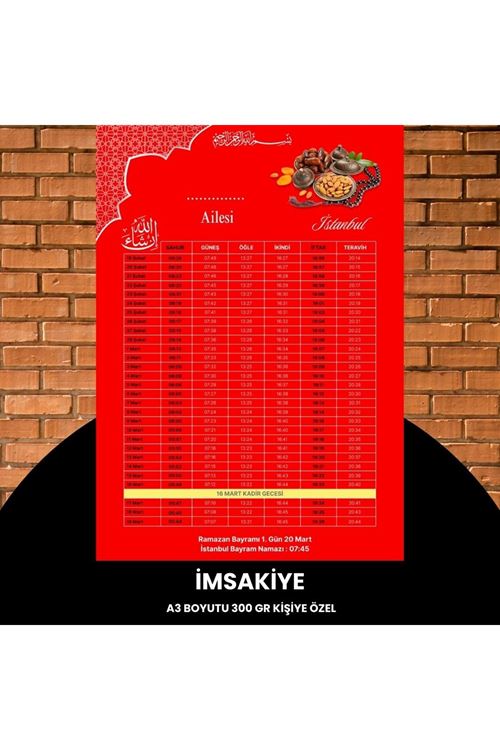 Ramazan İmsakiyesi - 300 Gr - A3 Boyut Kişiye Özel İsimli & Logolu 1 Adet Kırmızı
