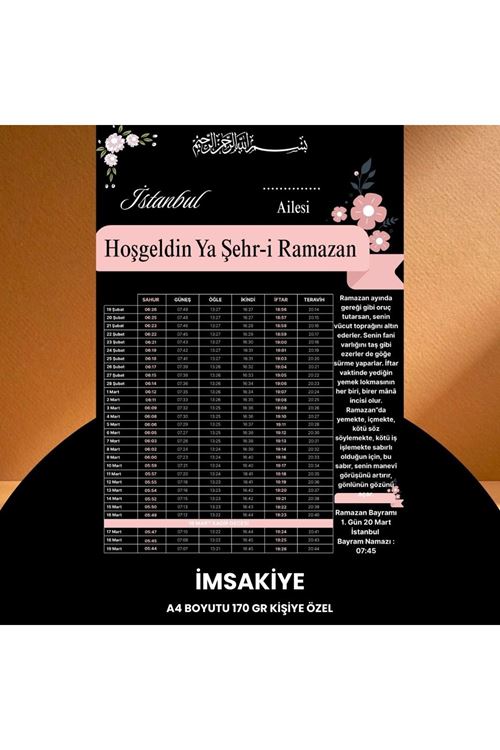 Ramazan İmsakiyesi - 170 Gr - A4 Boyut Kişiye Özel İsimli & Logolu 100 Adet Pembe