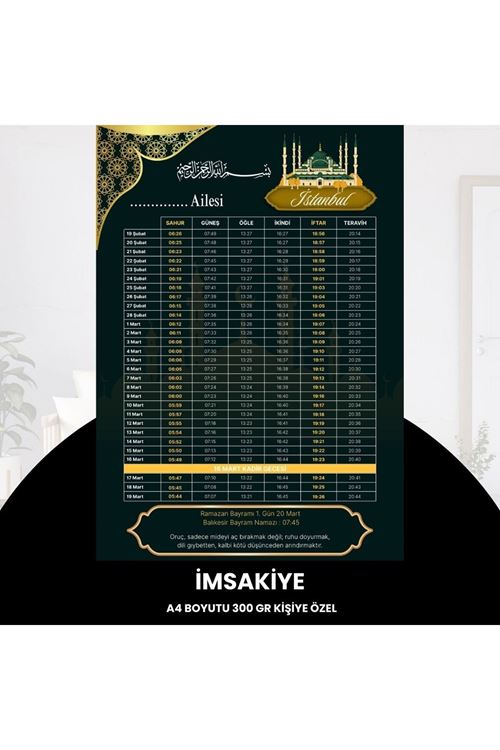 Ramazan İmsakiyesi - 300 Gr - A4 Boyut Kişiye Özel İsimli & Logolu 1 Adet Koyu Yeşil