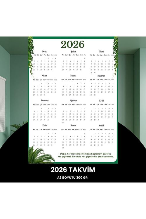 Takvim 2026 Premium A3 300 Gr Dijital Baskı Yeşil Yaprak